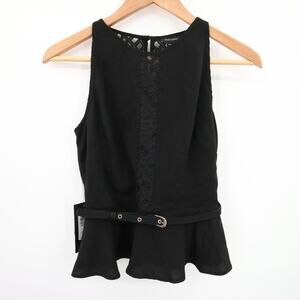 Marciano Top Black Blouse Sleeveless Sheer Peplum Pleated Lattice Belted Small
